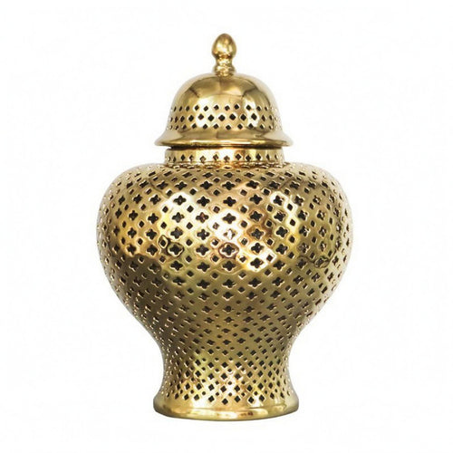 Perforated Lattice Jar Glazed Finish Baroque Ceramic Jar Fitted Lid for Entryway