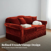 French Inspired Skirted Velvet Sofa Sumptuous Upholstery Upholstered Couch Designer Piece Living Room Furniture Vintage Aesthetic for Interior Designers, Homeowners, Families, Lounge, Boutique Hotel, Apartment, Reception Area