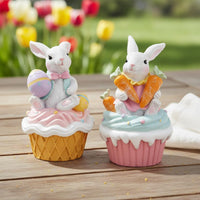 2 Pieces Bunny Cupcake Figurine Cute Design Easter Rabbit Statue Pastel Colors