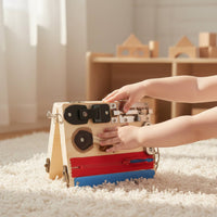 Wooden Busy Board Screen Play Educational Activity Board Travel Friendly Foldable Sensory Toy for Young Children, Preschoolers