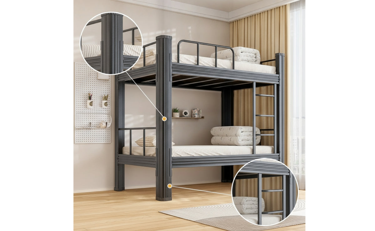 Double Bunk Bed Matte Black Metal Bunk Bed Heavy-Duty Furniture for Roommates, Students, Shared Bedrooms, Dorm Rooms Housing