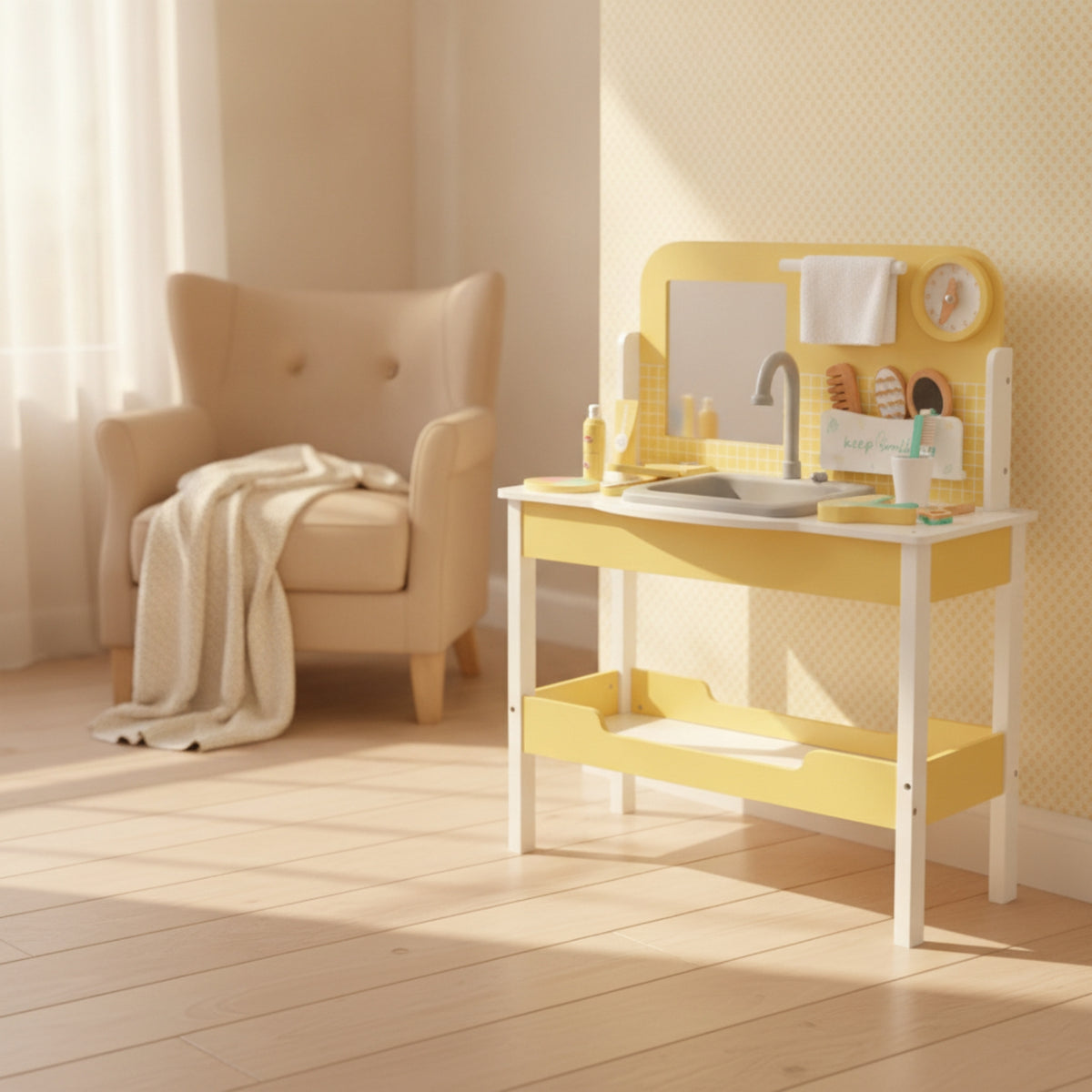Kids Vanity Set with Mirror Interactive Wooden Vanity Realistic Kids Play Sink for Young Children, Playroom, Bedroom