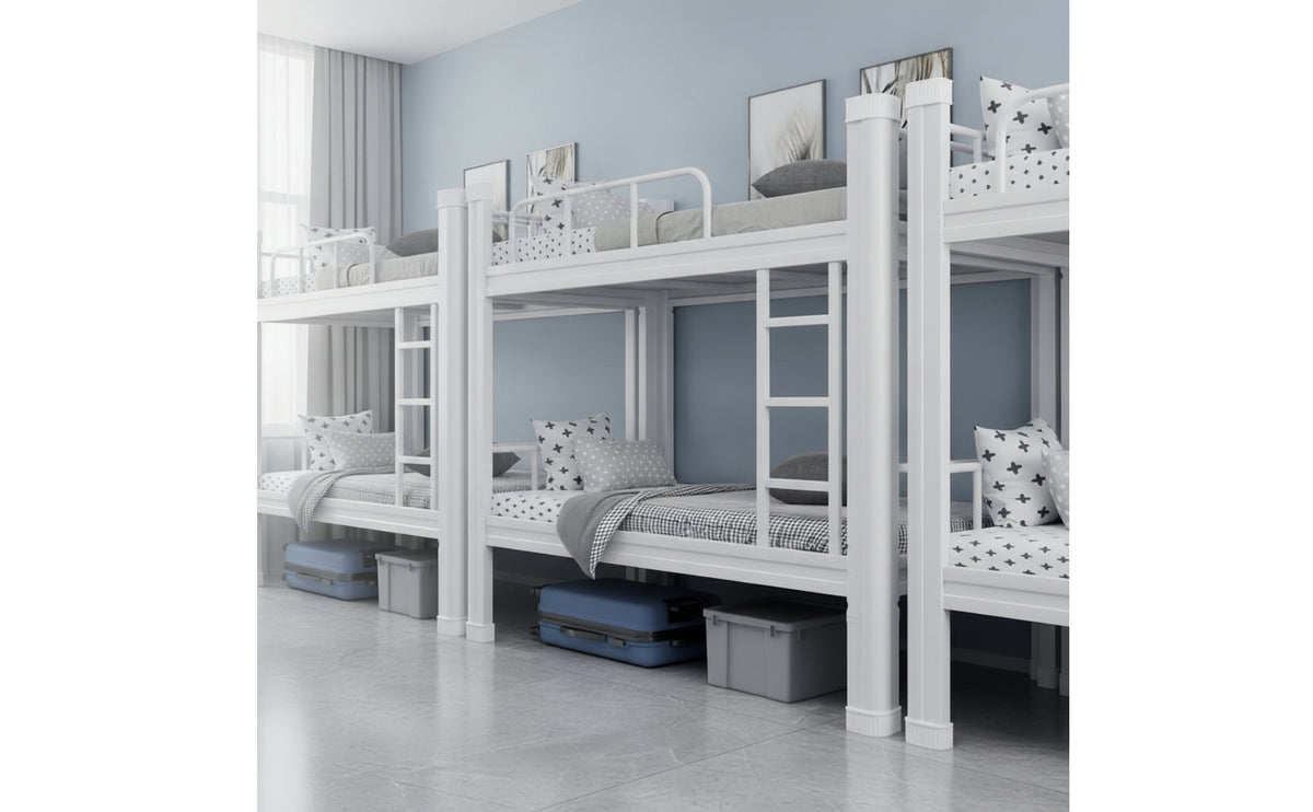 Metal Bunk Bed White Bunk Bed with Ladder Space-Saving Furniture for Students, Roommates, Dormitory, Shared Bedroom Room