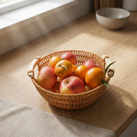 Rattan Basket with Wood Handles Natural Round Storage Basket Decorative