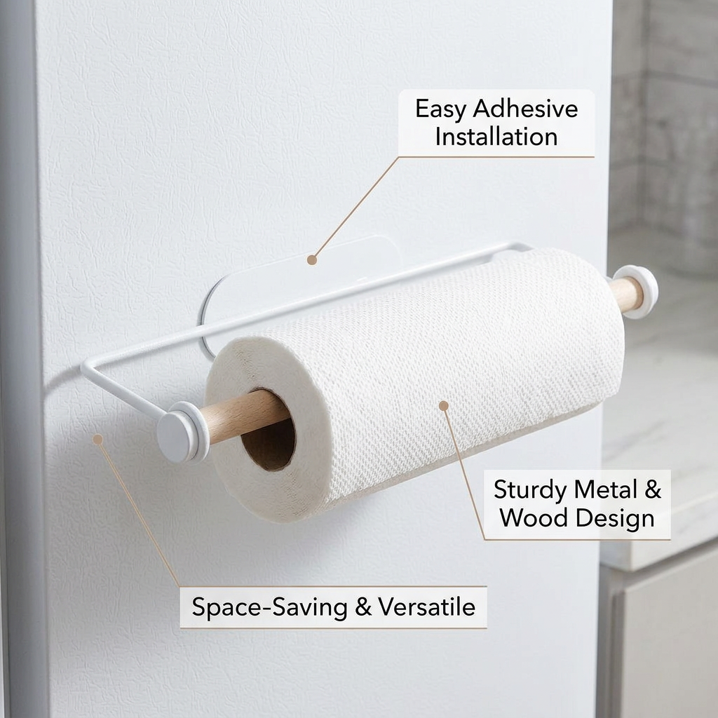 Cling Film Dispenser Minimalist Home Kitchen Wall Mounted Organizer Iron Beech Wood Paper Towel Rack Home Organizer
