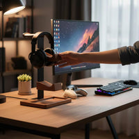 Wooden Headphone Controller Stand Space Saving Double Controller and Headset Dock Easy Assembly Wood and Metal Headset Stand