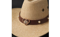 Wide Brim Western Hat with Heart Ornament Adjustable Cowboy Hat with Chin Cord Summer Woven for Girls, Kids, Toddlers, Dress-up, Costume Parties, Outdoor Play