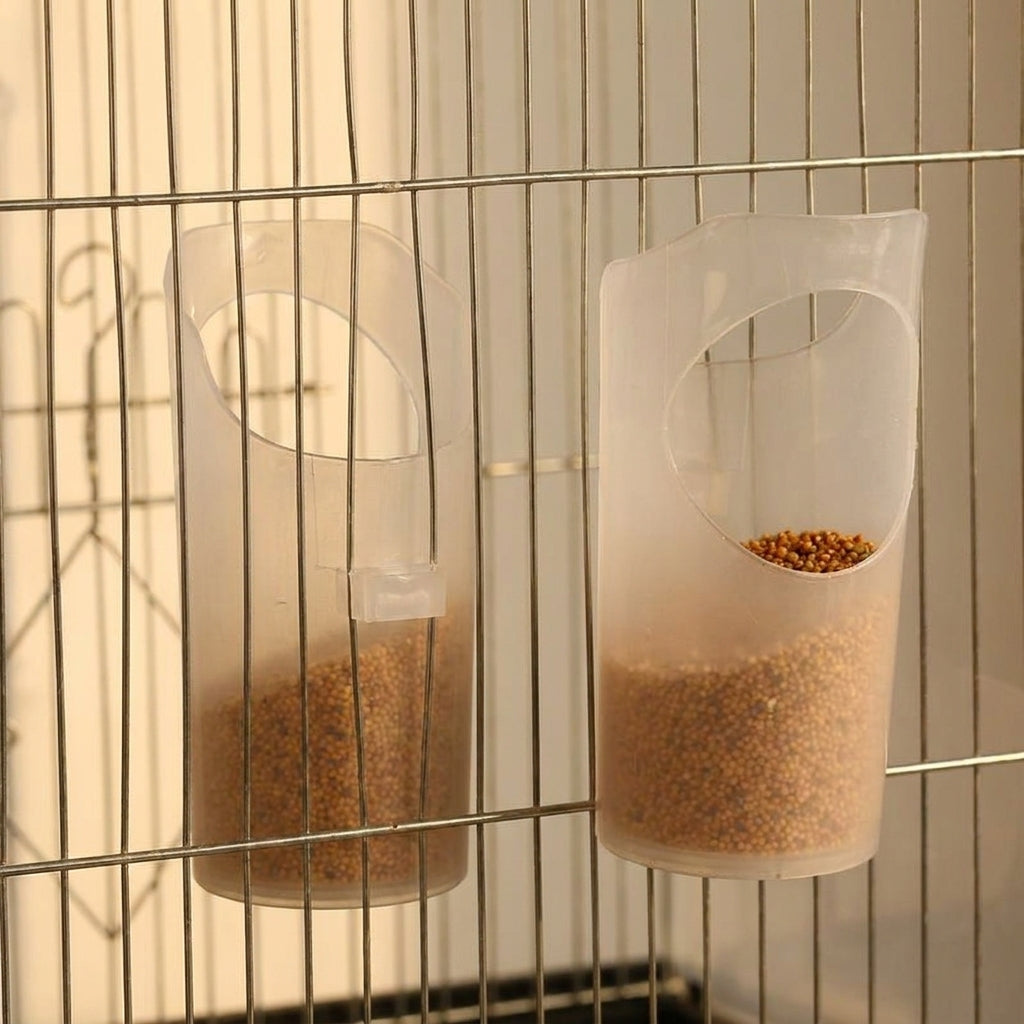 Bird Feeder and Waterer 2 Pack, Hanging Drinking Cup with Food Dispenser for Birds, No-Mess Anti-Spill Myna or Songbird Catcher Tray