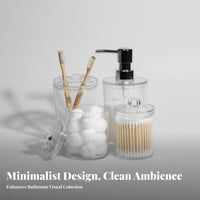 4 Pieces Transparent Design 4-Piece Dispenser and Jar Set Modern design Vanity Container Set Functional Bathroom Accessories Decorative for Makeup Users, Homeowners, Washroom, Restroom, Powder Room, Bedroom
