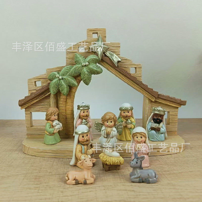11-Piece Cartoon Nativity Scene Resin Craft Set with Tree and Stable