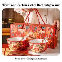 Ceramic Double Happiness Tableware Set, Red Wedding Bowl, Gift Box
