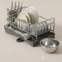 Dish Rack Kitchen Counter Organizer with Utensil Holder and Plate Rack, Carbon Steel Modern Minimalist Style with Knife Block and Drain Spout