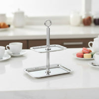 Double Tier Cake Stand Easy to Clean Stainless Steel Dessert Tray Sturdy Base
