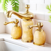 European-Style Three-Hole Basin Faucet with Natural Jade, Brass, Antique Finish