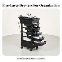 Cosmetic Studio Storage Cart 360-Degree Rotating Casters Hair Stylist Rolling Cart 5-Drawer Salon Trolley Easy to Clean