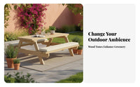 durable Wood Construction Wooden Table with Benches Weather-Resistant Angular Frame Dining Bench single-Piece Design Outdoor Furniture Natural Finish for Restaurant Owners, Families, Homeowners, Backyard, Deck, waterside