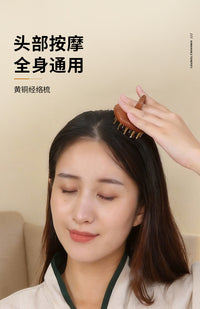 Pure Brass and Wood Head Massage Comb Portable Scalp Scraping Meridian Brush