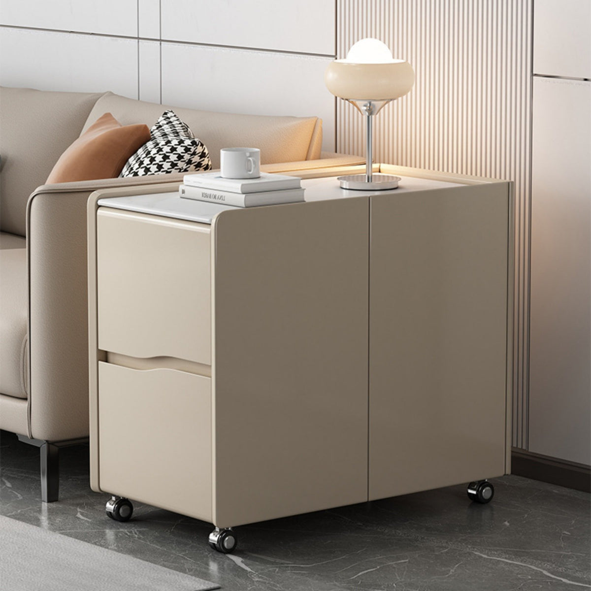 1 Piece Rolling End Table Mobile Bedside Table Solid Wood Cabinet Rock Slab Top with Smart Storage Suitable for Homeowners Seniors Living Room Bedroom