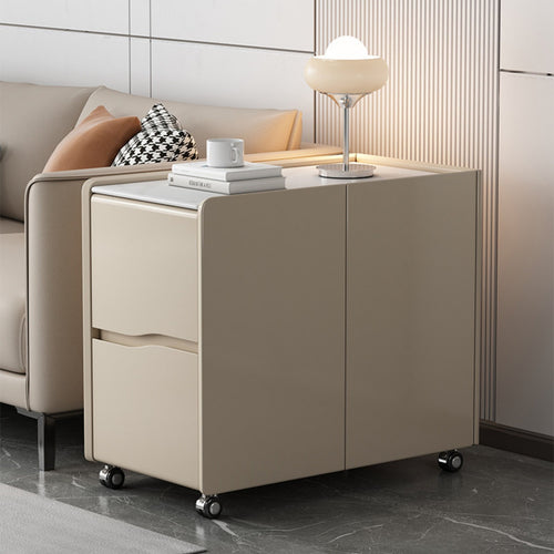1 Piece Rolling End Table Mobile Bedside Table Solid Wood Cabinet Rock Slab Top with Smart Storage Suitable for Homeowners Seniors Living Room Bedroom