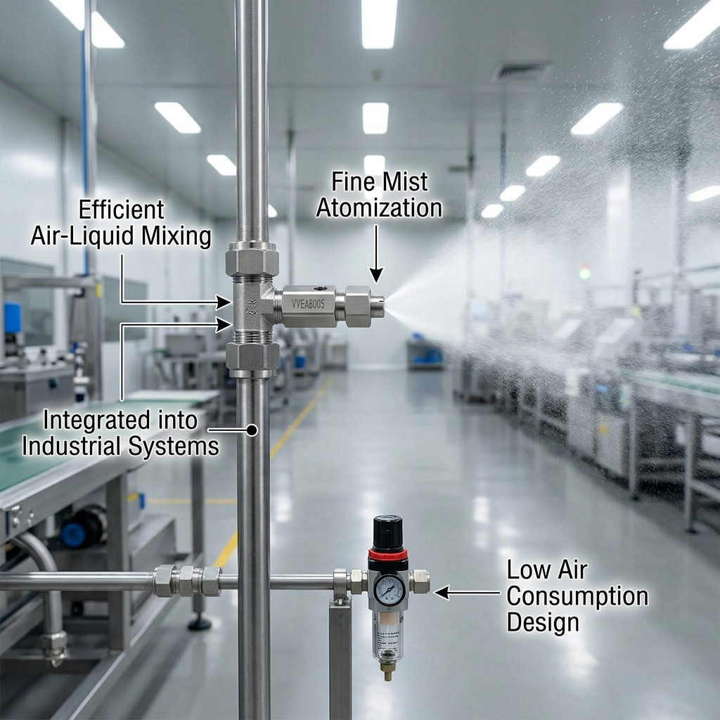 Two-Fluid Gas-Water Mixing Spray Tip, Stainless Steel Fine Mist Misting Nozzle, Low Air Consumption Spray Head for Industrial Humidifying Cooling