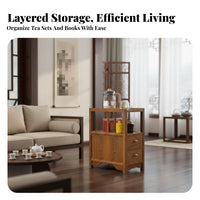 Chinese & aesthetic dual-level Square Table unobstructed Shelf Design 2-Tier Square Table Hollow Carving tea set stand Stand adaptable Use for Apartment Dwellers, Interior Decorators, Homeowners, Living Room, Reception Area, adjacent to Sofa, Office
