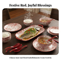Wedding Housewarming Tableware Set, Flower Queen Underglaze Porcelain, Festive Red Bowl and Plate, Gift for Friends