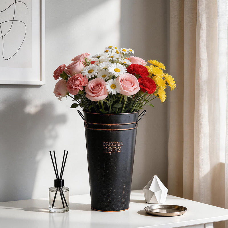 Vintage Iron Flower Bucket for Home Decor