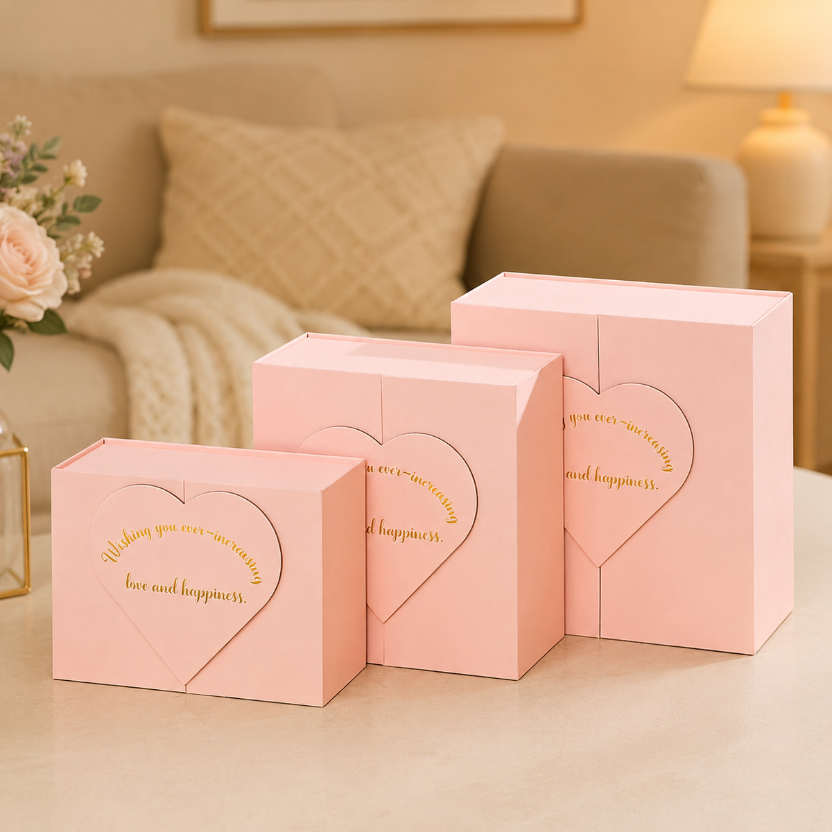 Square Gift Box with Lid Paper Heart Pattern 21x21x8cm Cardboard for Birthdays
