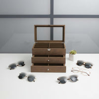 Walnut Finish Glasses Chest Large Capacity Wooden Sunglasses Display Case 18 Compartment Glasses Box Dustproof