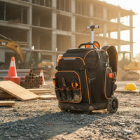 Telescoping Handle Rolling Tool Backpack Zippered Compartments Wheeled Tool Backpack Padded Carry Section Work Gear Storage Structured Base