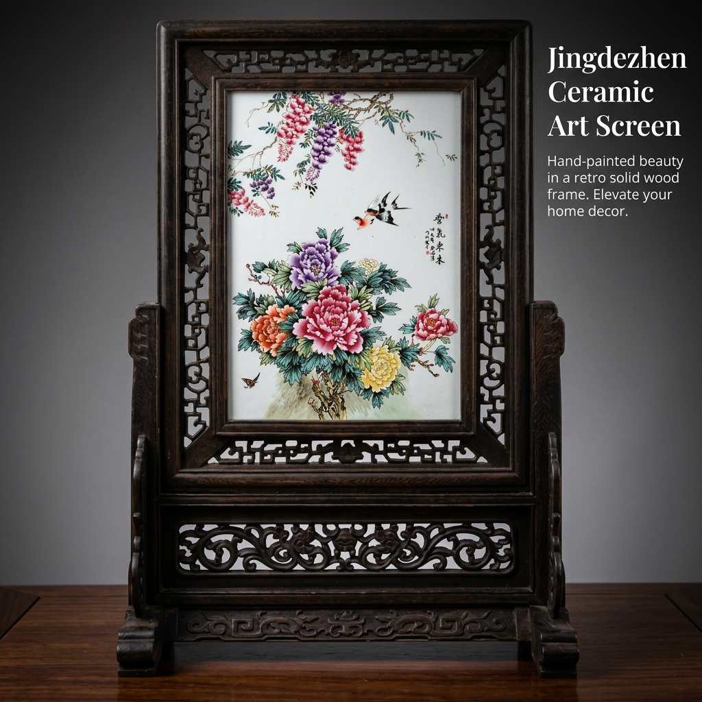Privacy Screen Tabletop Display with Carved Vintage Wooden Frame, Jingdezhen Porcelain Plate Interior Decoration, 26.8" x 18.5" Ceramic Panel