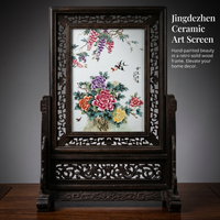 Privacy Screen Tabletop Display with Carved Vintage Wooden Frame, Jingdezhen Porcelain Plate Interior Decoration, 26.8" x 18.5" Ceramic Panel