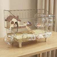 Acrylic Hamster Cage with Hamster Tunnel, Clear Hamster Cage 45cm for Dwarf Rodents, 360 Viewing Habitat with Removable Tray and 9 Accessories