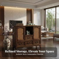 Rattan Door Sideboard Chinese Design 2-Door Rattan Cabinet Large Capacity Vintage Design for Homeowners, Entryway, Hallway