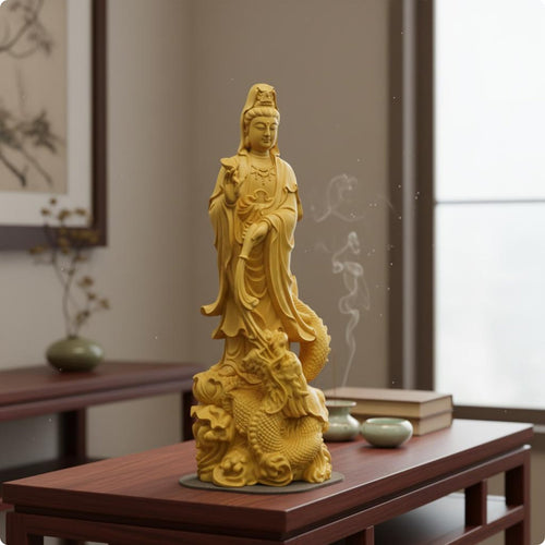 Wood Carved Guanyin Statue Feng Shui Buddha Statue Long-Lasting for Buddhists