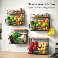 Kitchen Storage Hanging Basket with Wooden Lids for Vegetable Wall or Countertop Wire Rack, Foldable Design for Home