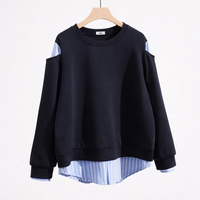 Plus Size Tops for Women with Striped Long Sleeve Design, Round Neck Casual Style, Faux Two Piece Layered Look, Flattering Fit