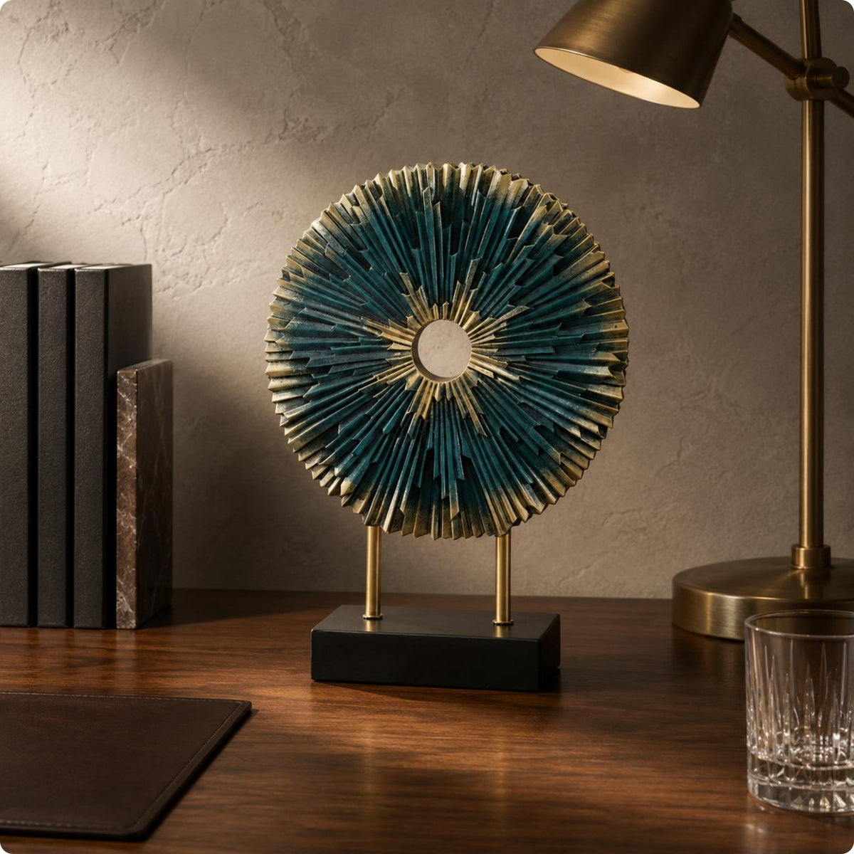 Abstract Desk Sculpture with Base Textured 3D Table Ornament Disk-Shaped Metal Wall Disc Ornament for Shelf, Cabinet