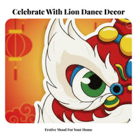 Chinese New Year Lion Dance Hanging Decoration, Double-Sided Card, Festive Cartoon Design, Red String Bag
