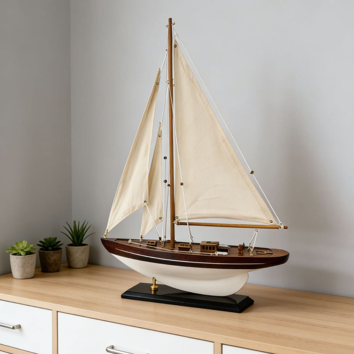 Exquisite Wooden Sailboat Model Decoration for Entryway or Modern Display