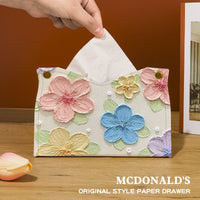 Luxury Oil Painting Colorful Flowers Tissue Box Cover, Leather, Tabletop, American Style