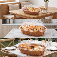 Woven Food Basket with Acrylic Dome Shallow Bread Basket with Acrylic Lid Countertop for Kitchen Counter