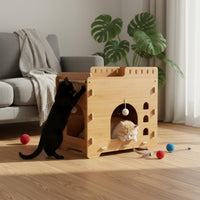 Wooden Cat Treehouse Scratcher Easy Assembly 2 Tier Cat House Breathable Pet Furniture for Cats, Kittens