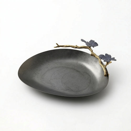 Tray with Branch Ornament Brushed Stainless Steel Tray Shallow Platter for Living Room