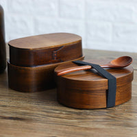 Detomate Retro Wooden Double-Layer Bento Box, Round, 501-800ml