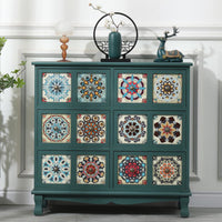 Wooden Storage Cabinet Geometric Vintage Cabinet Wooden Sideboard Tile-Like Sturdy Legs Decorative