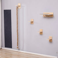 Cat Activity Center and Wall-Mounted Playground, 4-Level Wood Climbing Wall Shelves with Sisal Rope for Indoor Cats, Space-Saving Home Decor