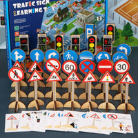 Learning Traffic Sign Set with Play Mat Educational City Play Set Wooden Playset Compact for Children, Toddlers, Playroom