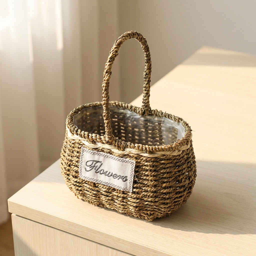Woven Flower Basket Material Handwoven Flower Basket With Handle Rustic Plant Holder for Florists, Event Planners, Living Room, Wedding,Easter Party