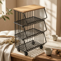 Kitchen Storage Cart with Wood Top Floor-Standing Rolling Cart with Wire Baskets Modern for Apartment
